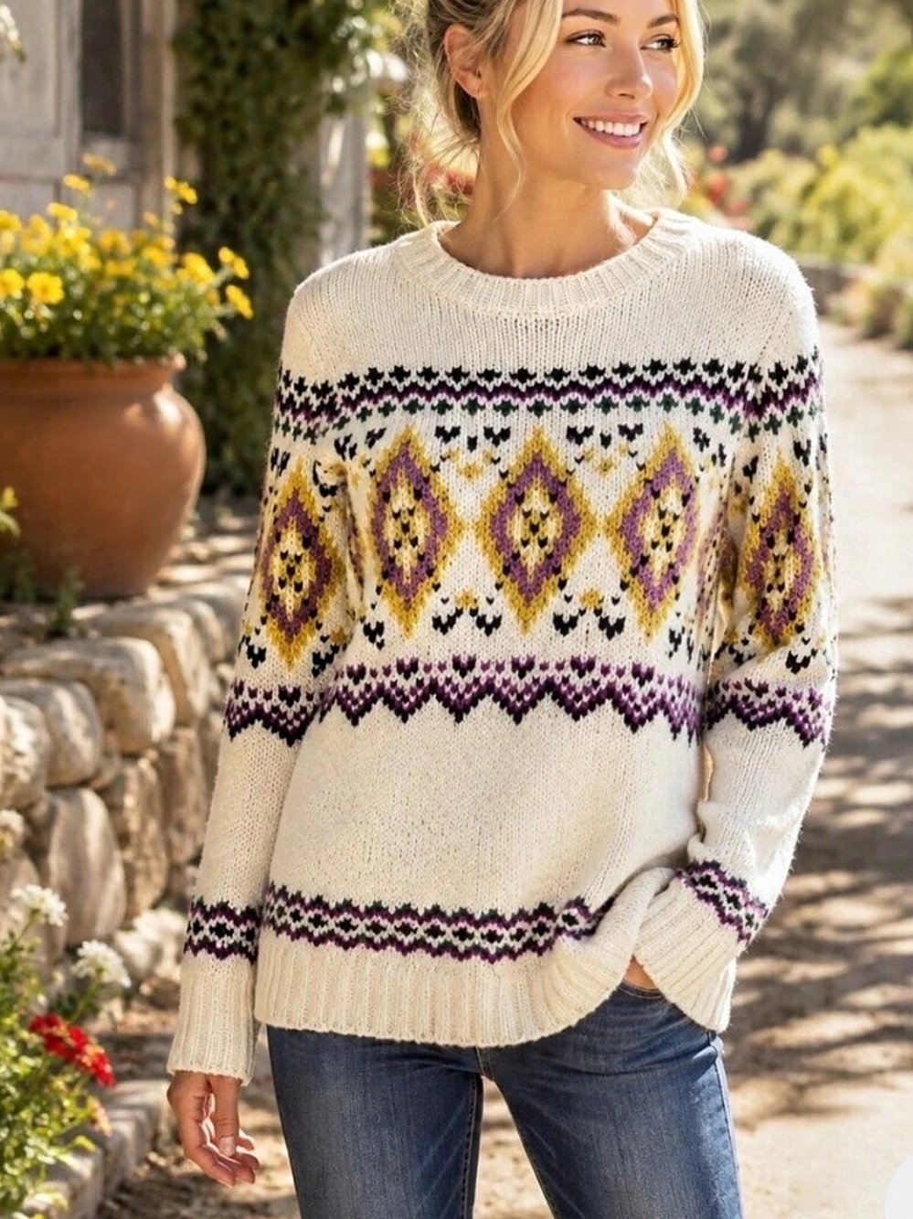 Talbots Diamond Fair Isle Crewneck Sweater Size Medium